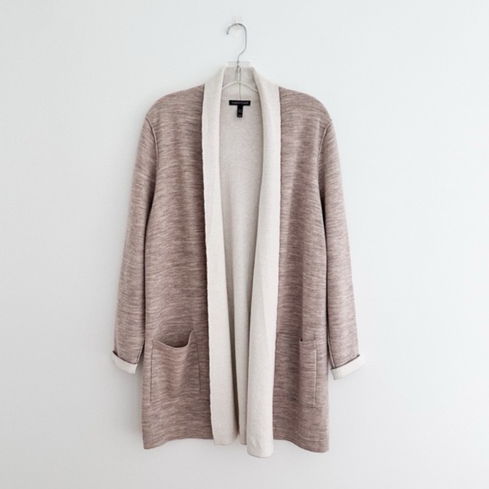 NWTS Talbots Long Cardigan Sweater Large Pure Merino Wool Beige Open Coatigan XS